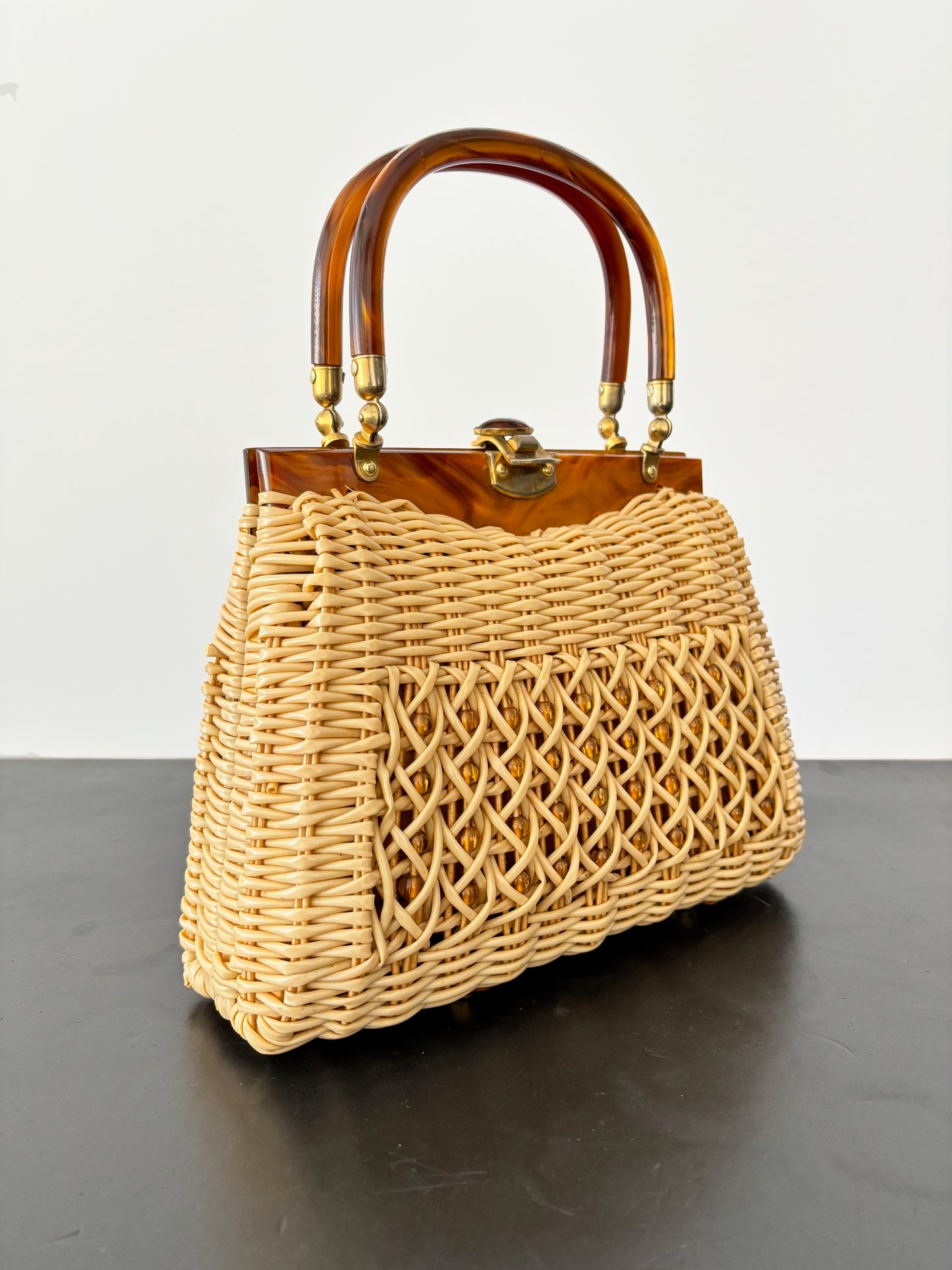 1950s Wicker Lucite Handbag Box Purse With Beaded Front