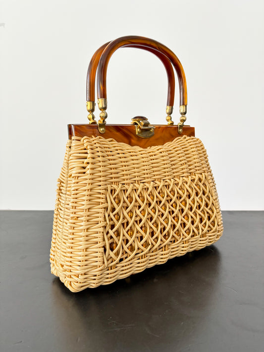 1950s Wicker Lucite Handbag Box Purse With Beaded Front