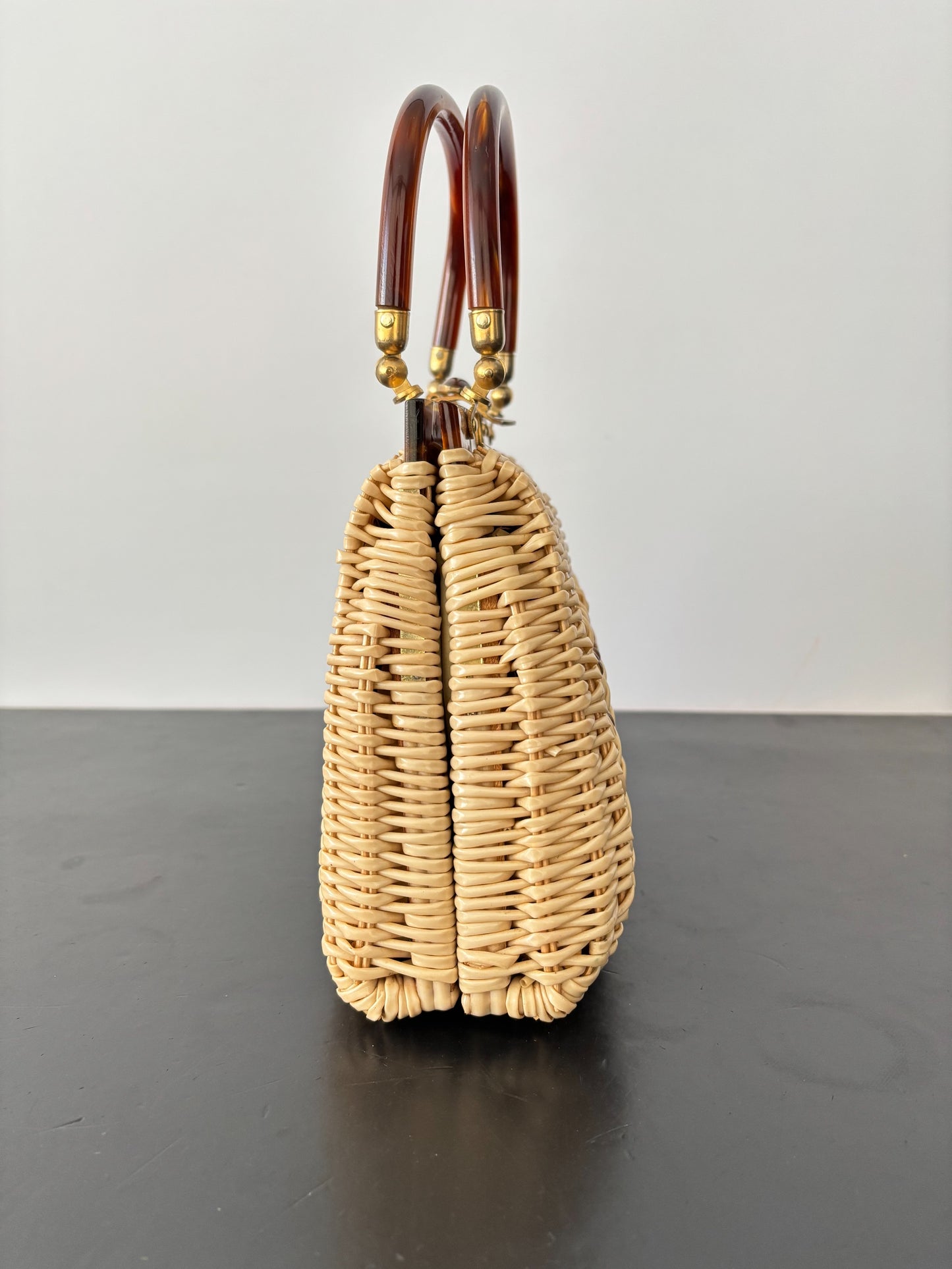 1950s Wicker Lucite Handbag Box Purse With Beaded Front