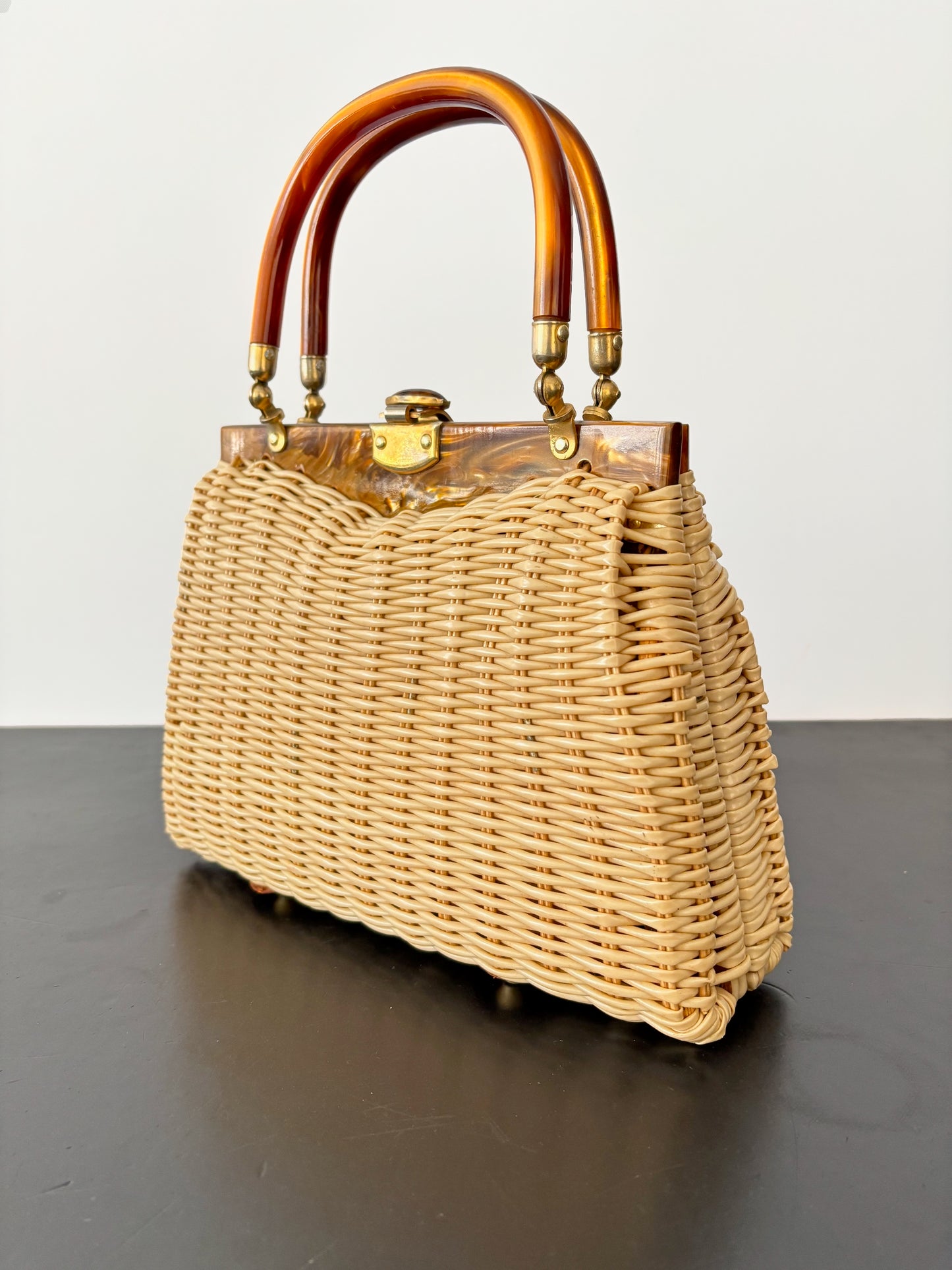 1950s Wicker Lucite Handbag Box Purse With Beaded Front