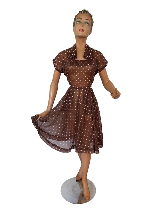 S | 1950s Organza with Polkadot Flock Print Dress
