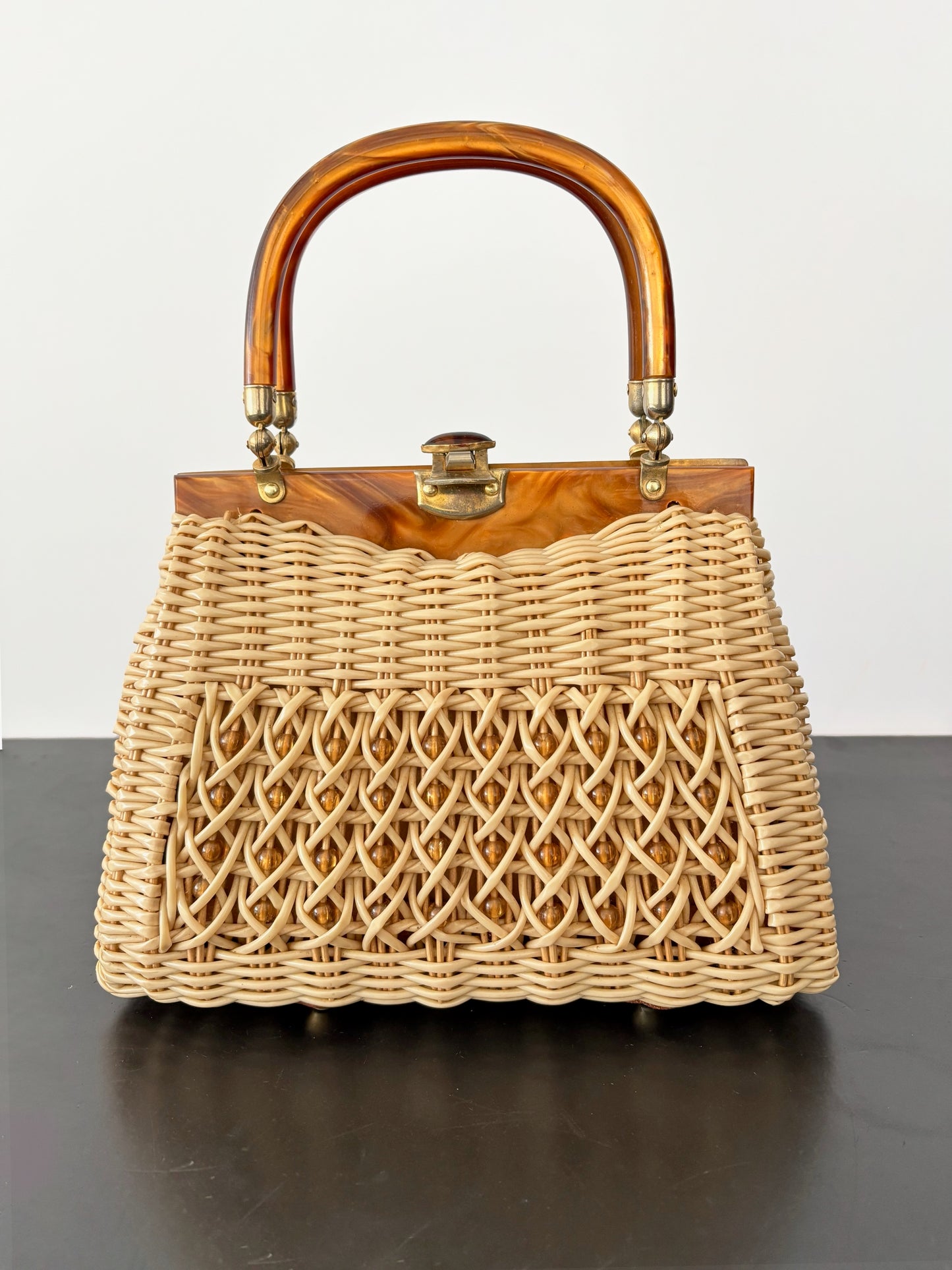 1950s Wicker Lucite Handbag Box Purse With Beaded Front