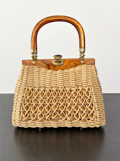 1950s Wicker Lucite Handbag Box Purse With Beaded Front