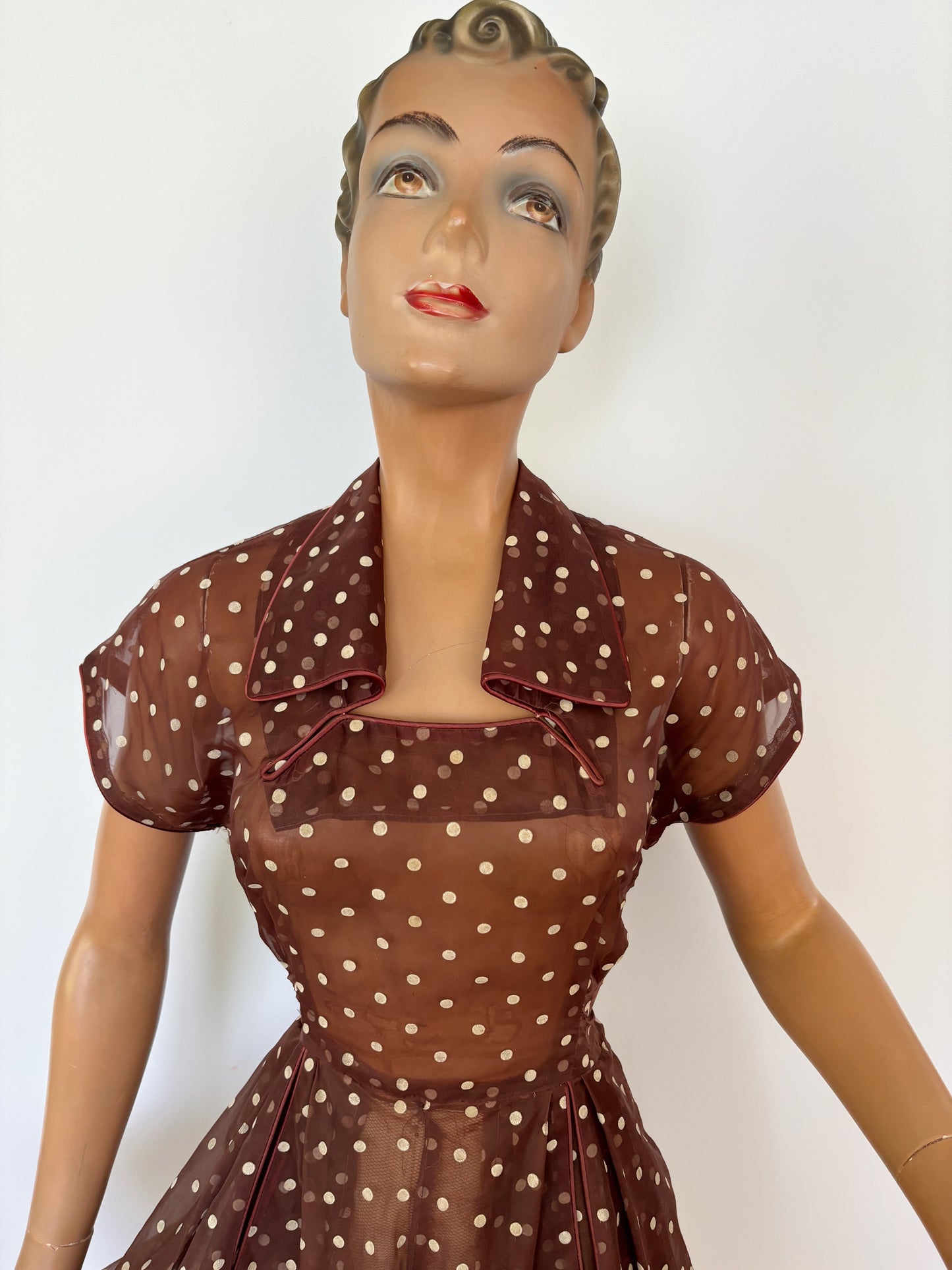 S | 1950s Organza with Polkadot Flock Print Dress