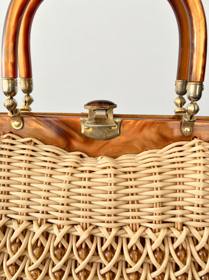 1950s Wicker Lucite Handbag Box Purse With Beaded Front