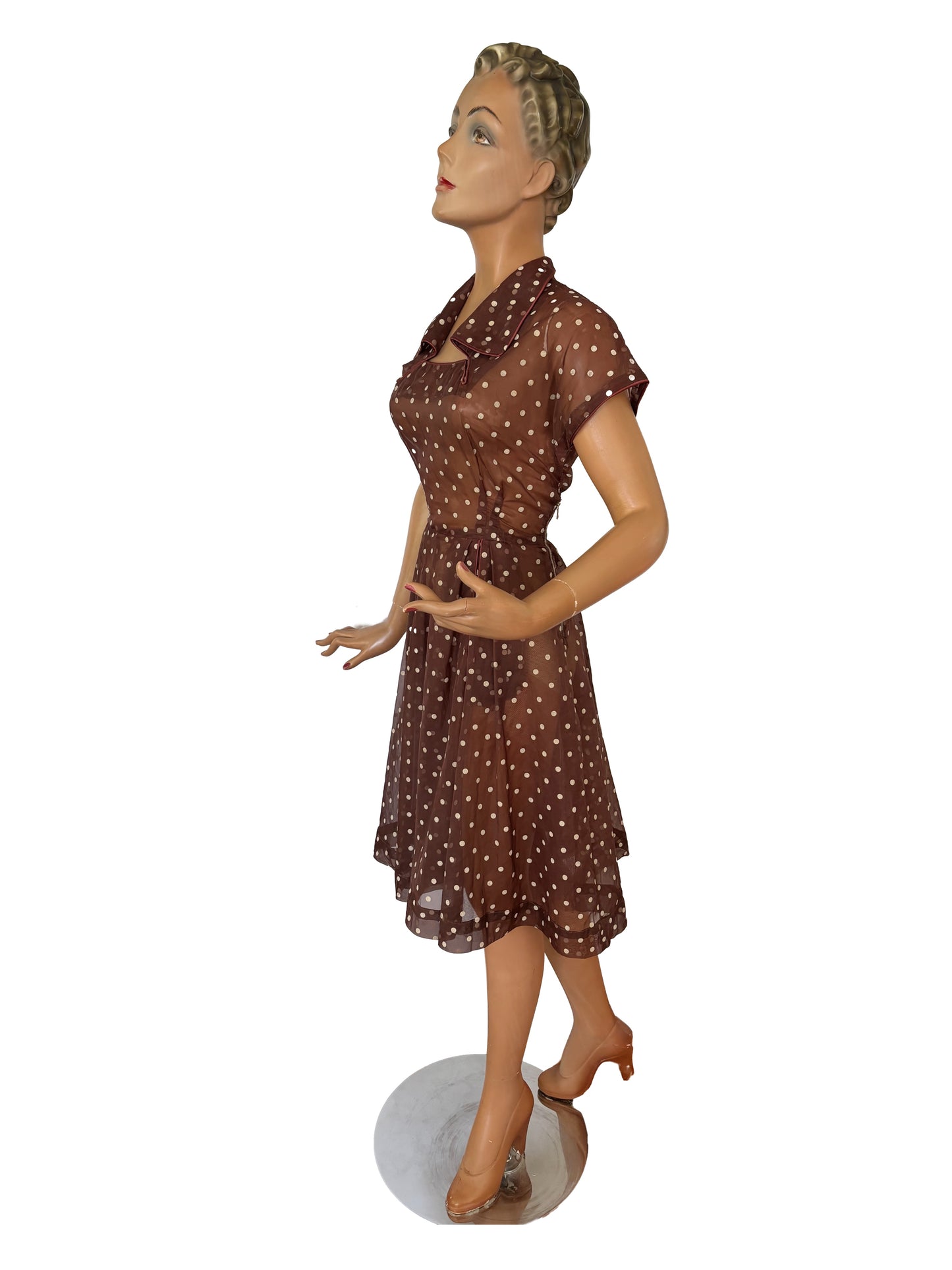 S | 1950s Organza with Polkadot Flock Print Dress