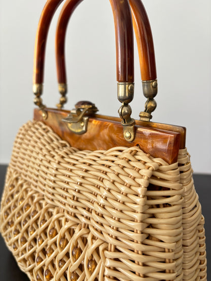 1950s Wicker Lucite Handbag Box Purse With Beaded Front