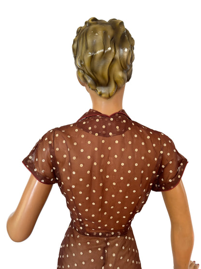 S | 1950s Organza with Polkadot Flock Print Dress