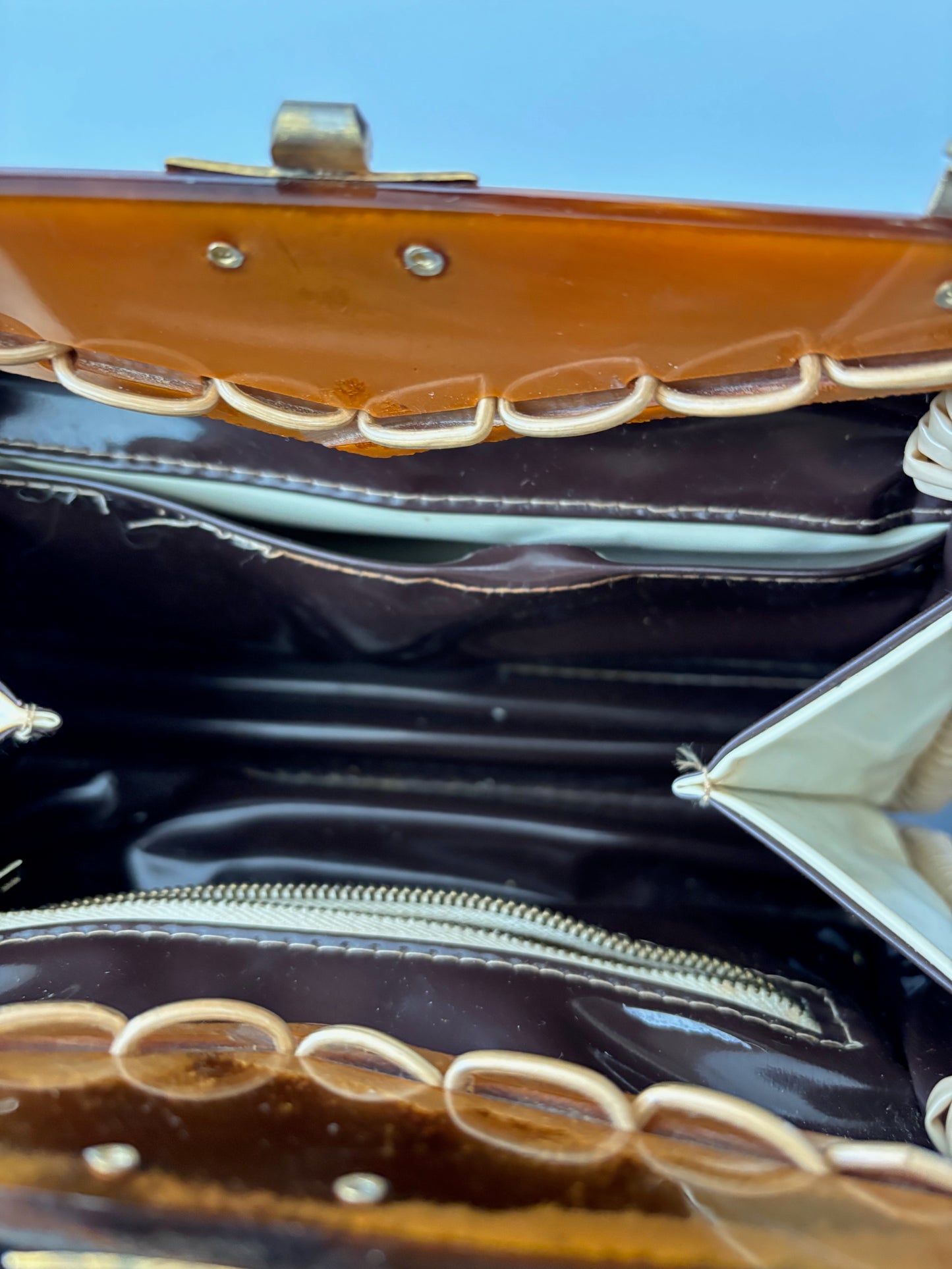 1950s Wicker Lucite Handbag Box Purse With Beaded Front