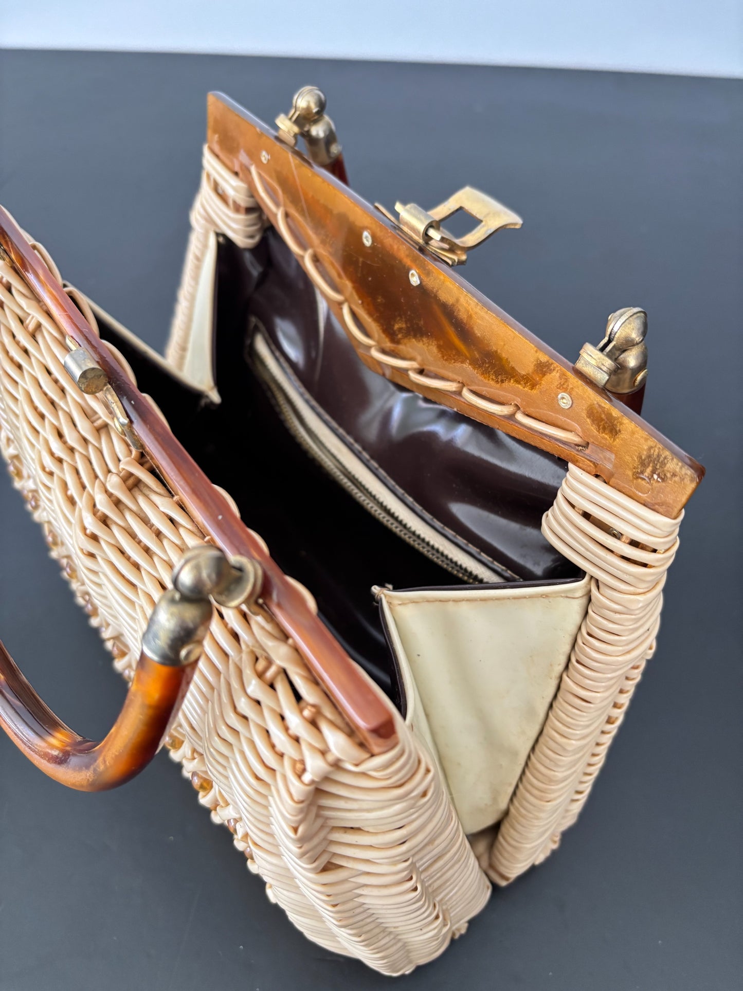1950s Wicker Lucite Handbag Box Purse With Beaded Front