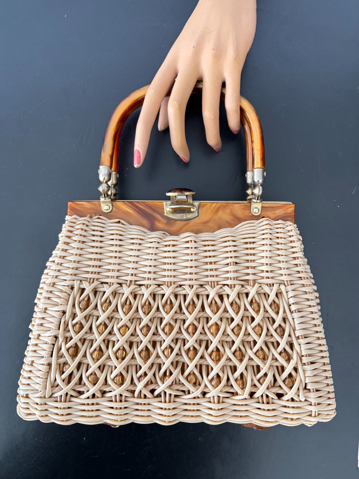 1950s Wicker Lucite Handbag Box Purse With Beaded Front
