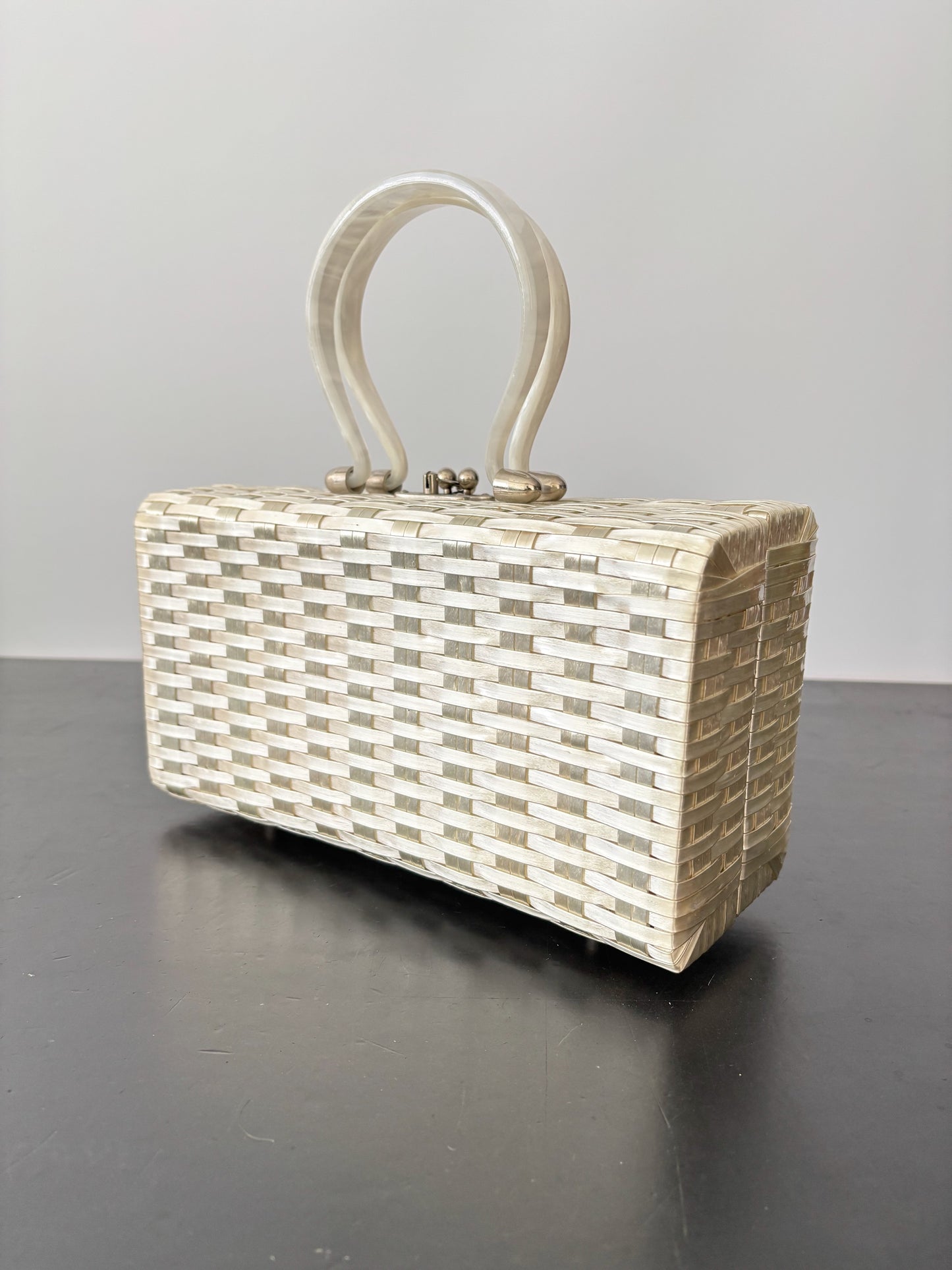 1950s Pearlized Silver Box Bag With Lucite Handles
