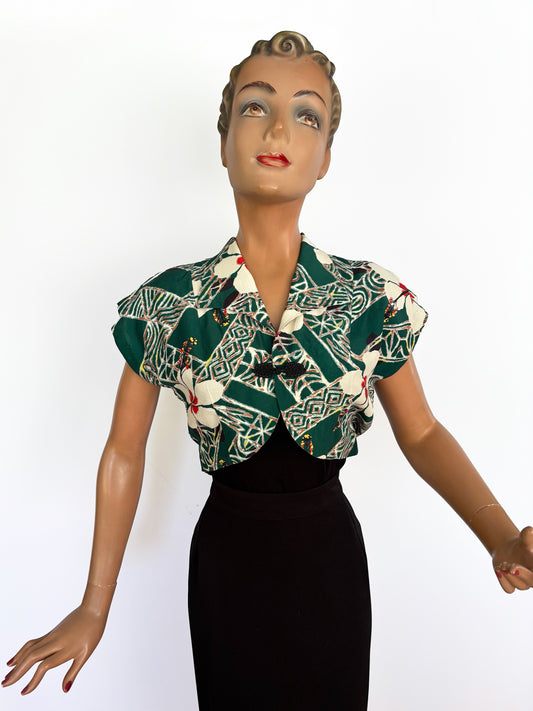 1950s Hawaiian Togs Tapa Hibiscus Bolero Jacket | M
