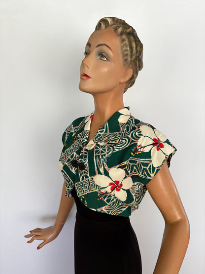 1950s Hawaiian Togs Tapa Hibiscus Bolero Jacket | M