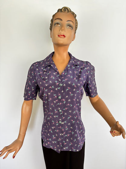 Repro Blouse Vintage Yarn & Knitting Needle Print Novelty Silk | M