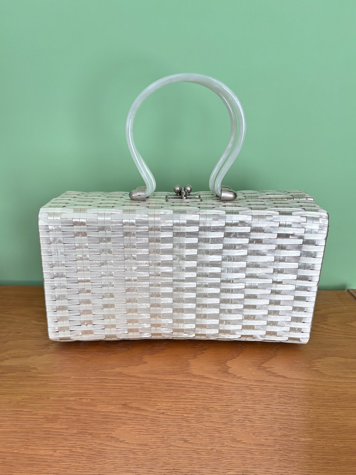 1950s Pearlized Silver Box Bag With Lucite Handles