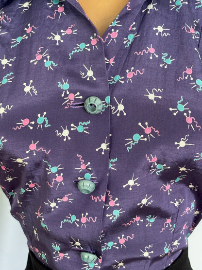 Repro Blouse Vintage Yarn & Knitting Needle Print Novelty Silk | M