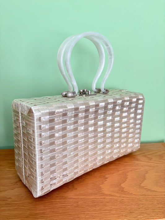 1950s Pearlized Silver Box Bag With Lucite Handles