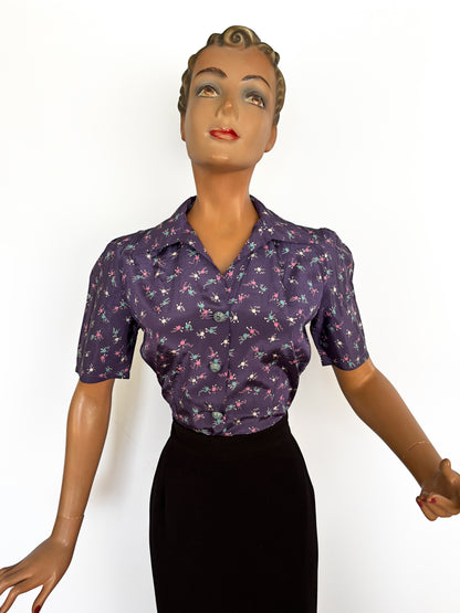 Repro Blouse Vintage Yarn & Knitting Needle Print Novelty Silk | M