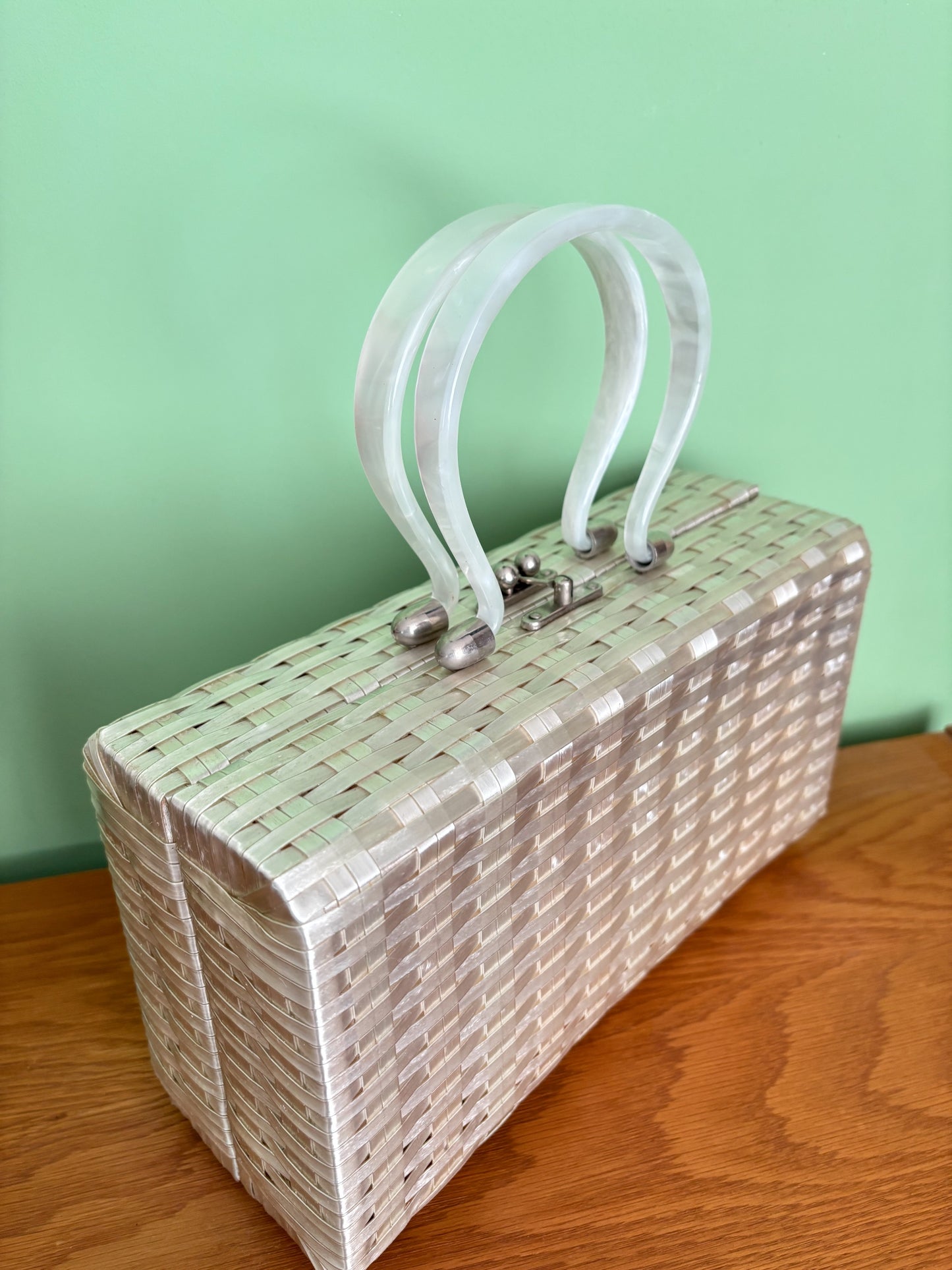1950s Pearlized Silver Box Bag With Lucite Handles