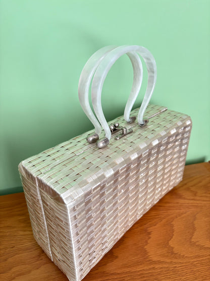 1950s Pearlized Silver Box Bag With Lucite Handles