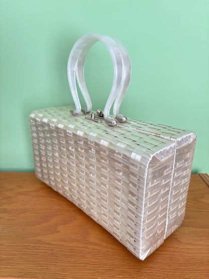 1950s Pearlized Silver Box Bag With Lucite Handles