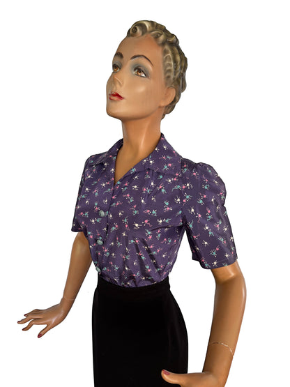 Repro Blouse Vintage Yarn & Knitting Needle Print Novelty Silk | M