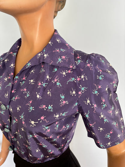 Repro Blouse Vintage Yarn & Knitting Needle Print Novelty Silk | M