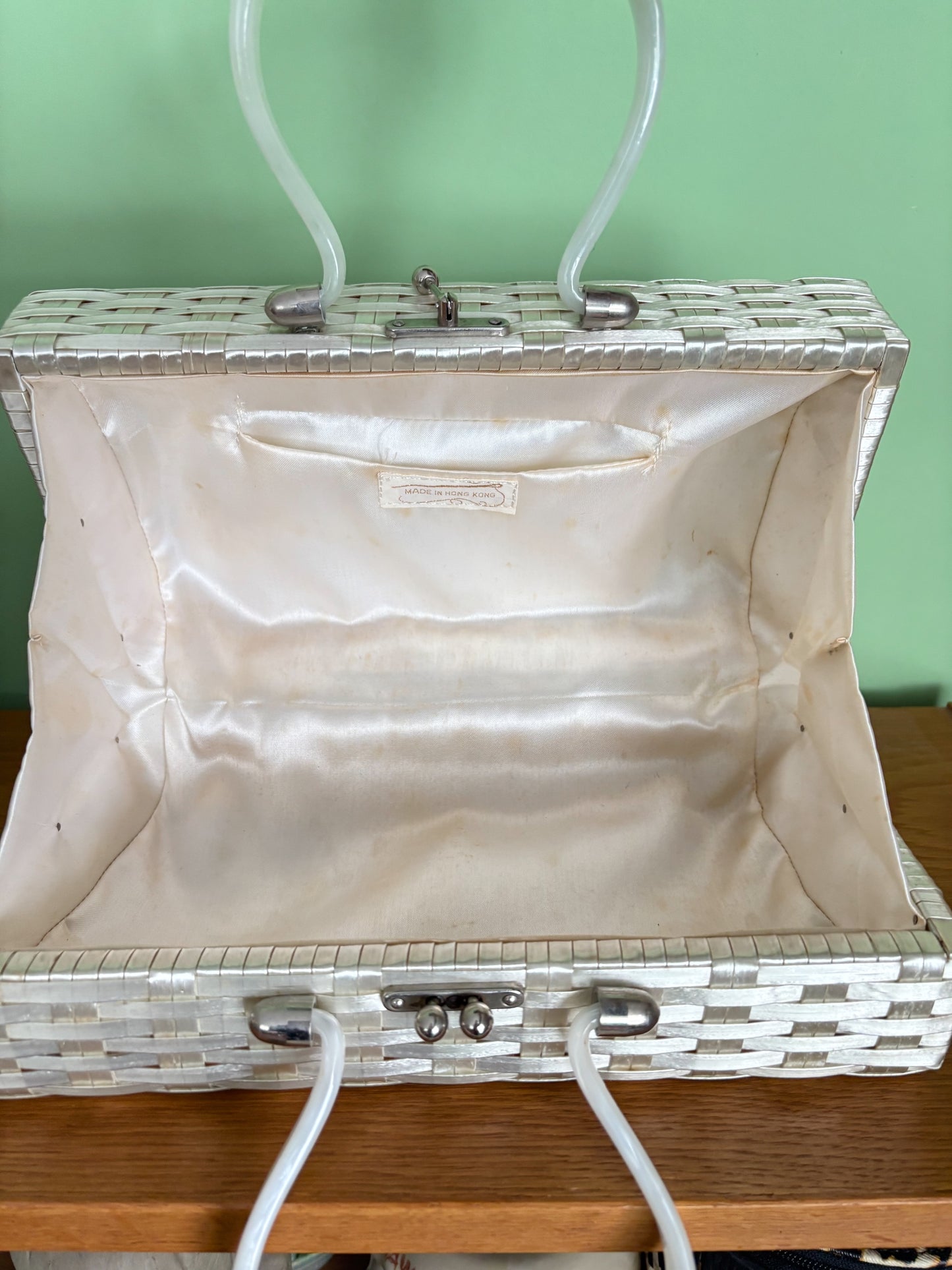 1950s Pearlized Silver Box Bag With Lucite Handles