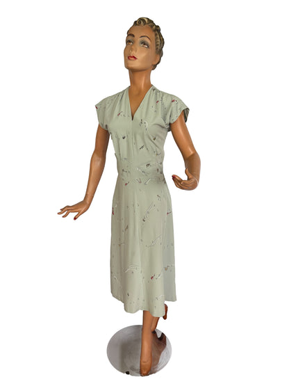 1940s Style Vintage Gabardine Hand Painted Musical Novelty Print Dress | Small