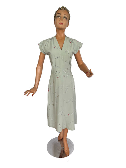 1940s Style Vintage Gabardine Hand Painted Musical Novelty Print Dress | Small