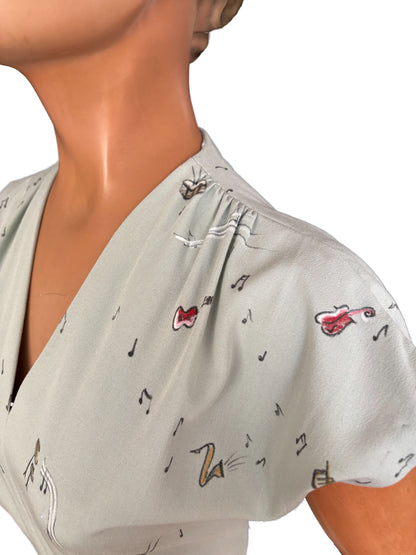 1940s Style Vintage Gabardine Hand Painted Musical Novelty Print Dress | Small