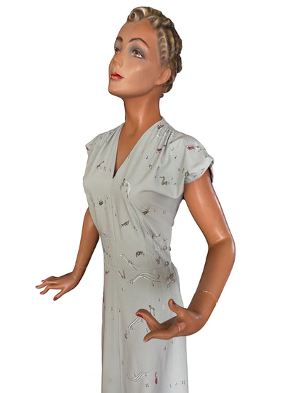 1940s Style Vintage Gabardine Hand Painted Musical Novelty Print Dress | Small