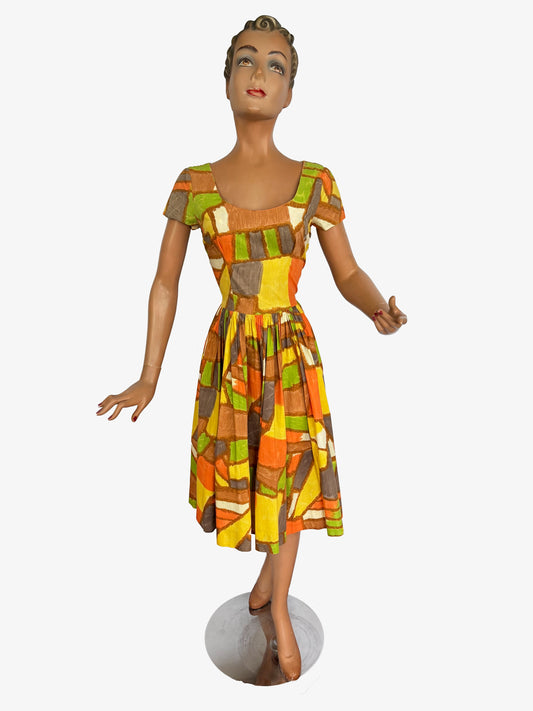 1950s Abstract Print Cotton Dress | S