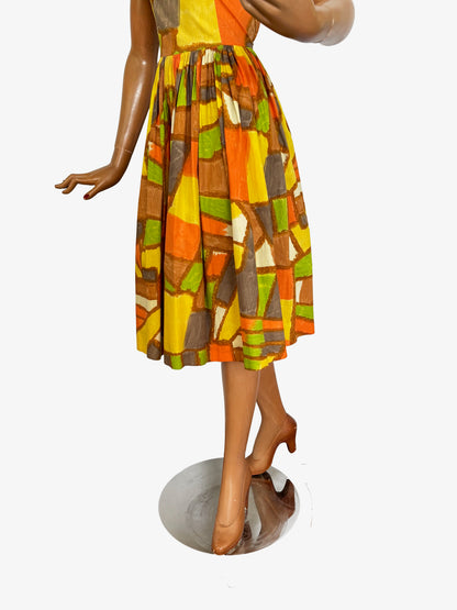 1950s Abstract Print Cotton Dress | S