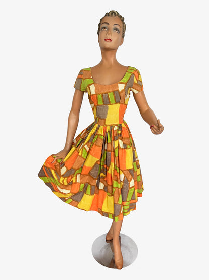 1950s Abstract Print Cotton Dress | S