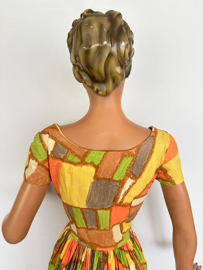 1950s Abstract Print Cotton Dress | S