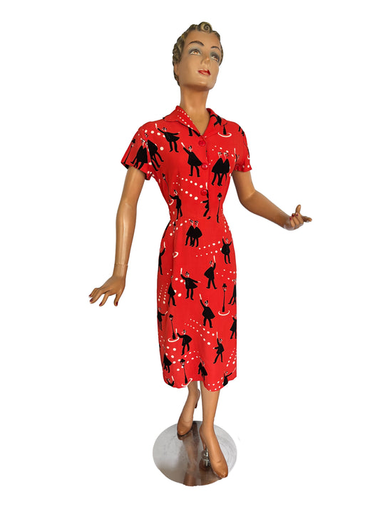 1940s Wool Dress with Gendarmes Novelty Print | Large