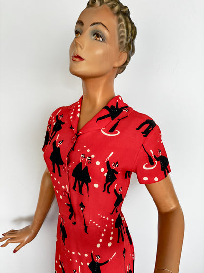 1940s Wool Dress with Gendarmes Novelty Print | Large