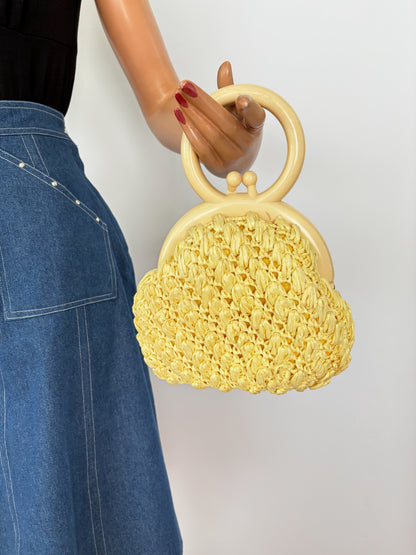 1950s Vanilla Yellow Raffia Handbag with Round Plastic Handle
