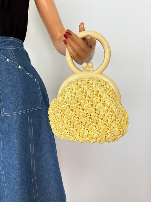 1950s Vanilla Yellow Raffia Handbag with Round Plastic Handle