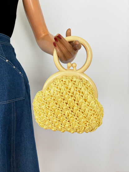 1950s Vanilla Yellow Raffia Handbag with Round Plastic Handle