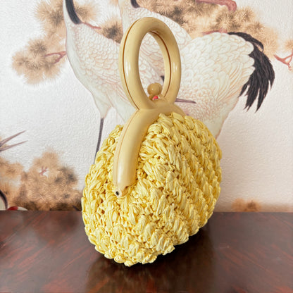 1950s Vanilla Yellow Raffia Handbag with Round Plastic Handle