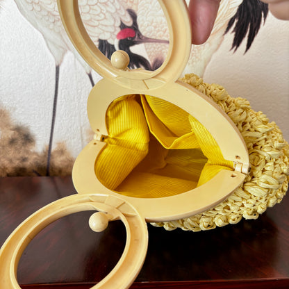 1950s Vanilla Yellow Raffia Handbag with Round Plastic Handle