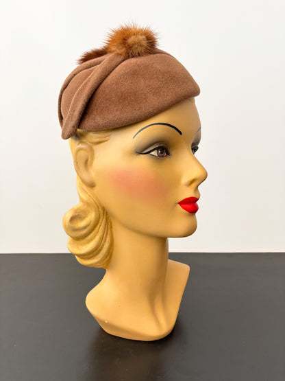 1940s Brown Velour Felt Cocktail Hat With Mink Trim