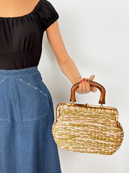 Vintage 1950s Raffia Handbag in Pink, White and Olive with Gold Metal Frame