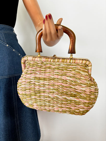 Vintage 1950s Raffia Handbag in Pink, White and Olive with Gold Metal Frame