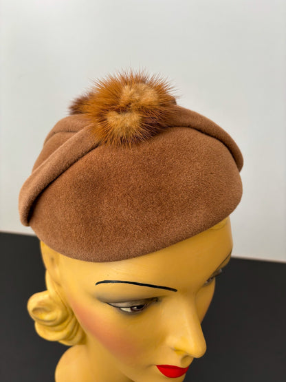 1940s Brown Velour Felt Cocktail Hat With Mink Trim