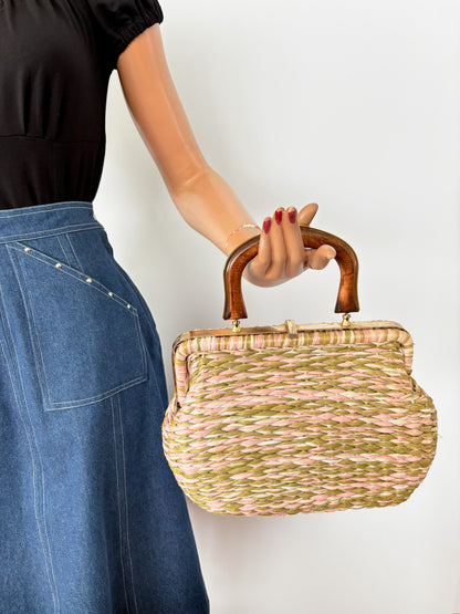 Vintage 1950s Raffia Handbag in Pink, White and Olive with Gold Metal Frame