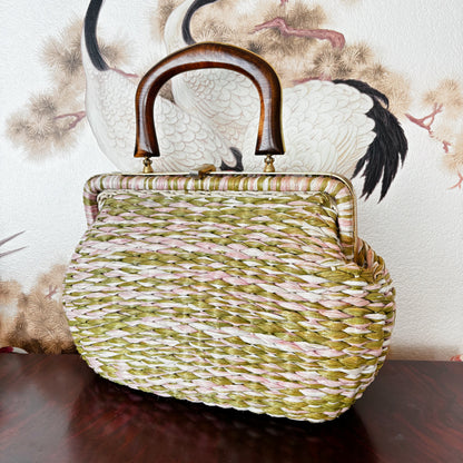 Vintage 1950s Raffia Handbag in Pink, White and Olive with Gold Metal Frame